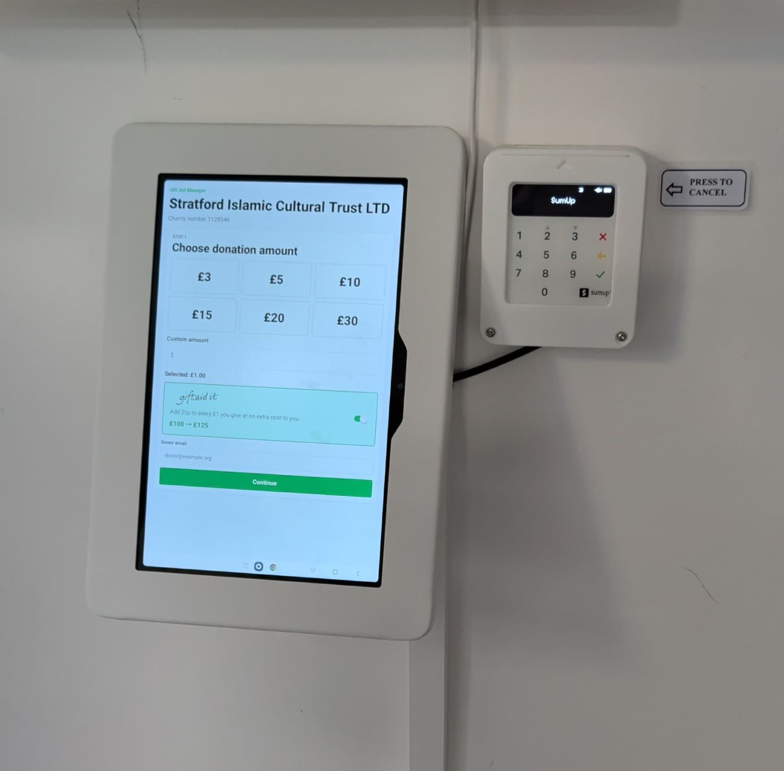 GiftAidManager kiosk with a SumUp card reader installed at a charity venue